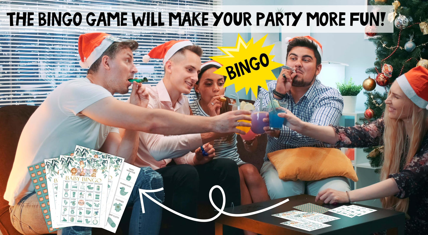 Safari Bingo Games Cards, Jungle Animals Bingo Game Set, Greenery Baby Shower Bingo Party Game, Gender Reveal Party Bingo Supplies for Adults, Baby Shower Party Decorations -04