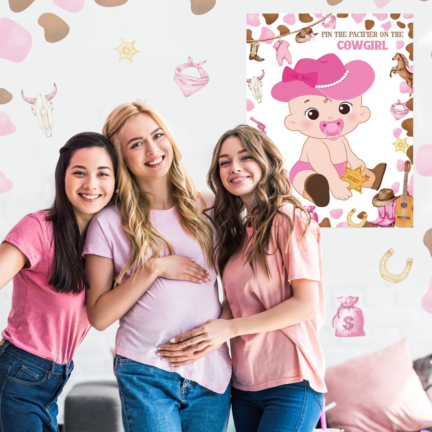 Faccito Pin The Pacifier Baby Shower Game Baby Shower Party Decorations Include Large Poster 24 Pacifier Stickers Blindfold Game Set for Birthday Party Decor Supplies(West Cowboy)