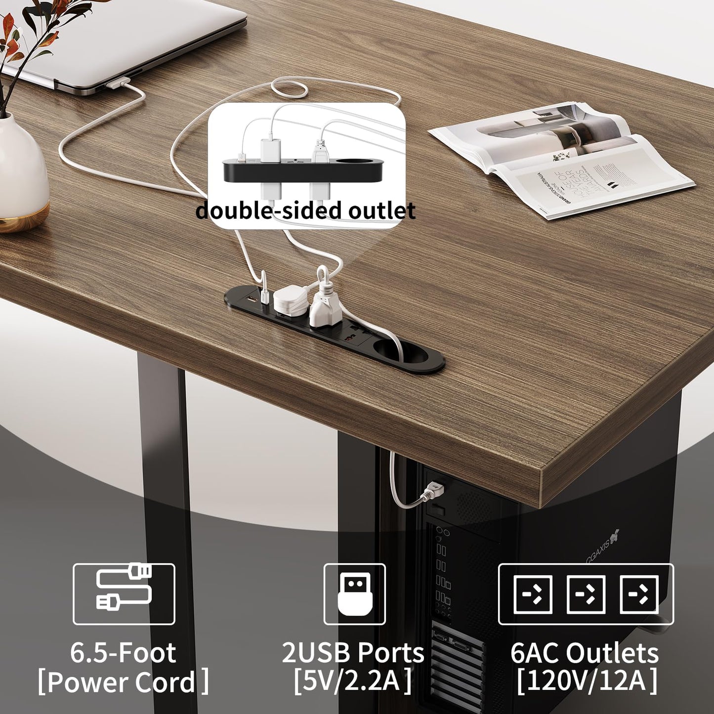 MesaSync 60-Inch Large Executive Desk, Modern Minimalist Wooden Computer Office Desk Workstation with Extra Thick Tabletop and Built-in Power Outlet, Business and Home Office