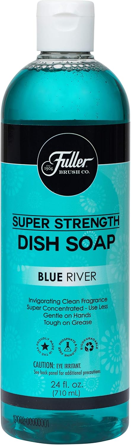 Fuller Brush Super Strength Dish Soap ? Economical ? Use Much Less ? For Dishes, Glasses, Silverware, Utensils, Pots, Pans, Countertops, Tables ? Invigorating Fragrance (Blue River)