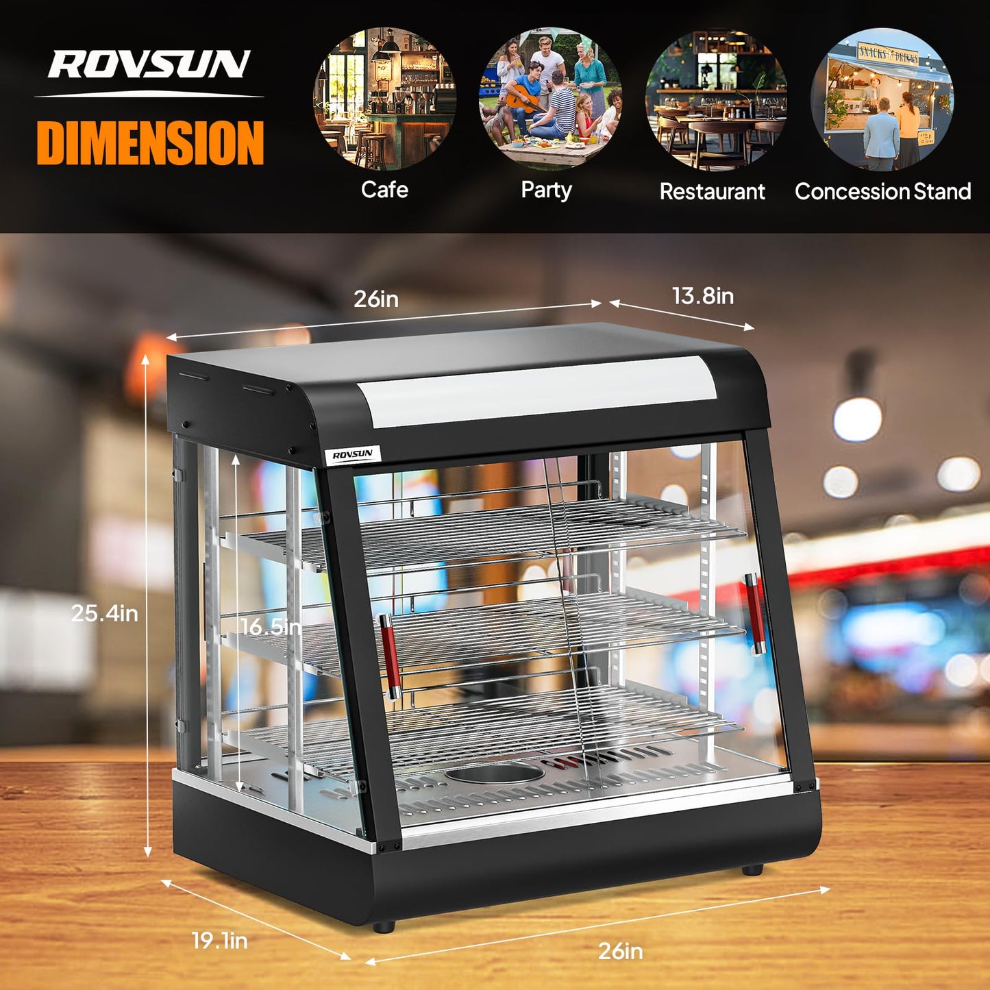ROVSUN 26" Commercial Food Warmer Display Pizza Warmer, 3-Tier Electric Countertop Food Warmer w/LED Lighting, Adjustable Removable Shelves & Glass Door, Pretzel Warmer for Buffet Restaurant 1200W