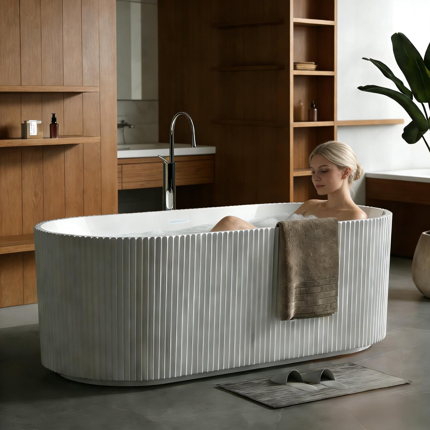 67'' Freestanding Bathtub, Deep Acrylic Soaking Tub with Non-Slip Base, cUPC Certified Modern Free Standing Tub, Chrome Drain, White Bath Tub for Bathroom Remodel and Spa-Like Comfort
