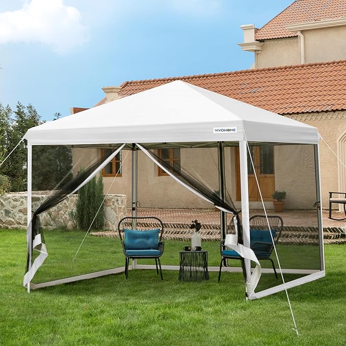 VIVOHOME 10x10ft Easy Pop-Up Canopy, Outdoor Screen Tent with Mosquito Netting, 2 Zipper Doors, and Roller Bag for Yard Ca...