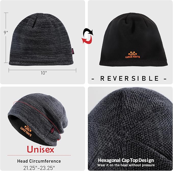 Lvaiz Mens Winter Beanie Hat Warm Fleece Lined Skull Cap for Men Reversible Women Windproof Watch Hat Knit Warm Unisex Beanie