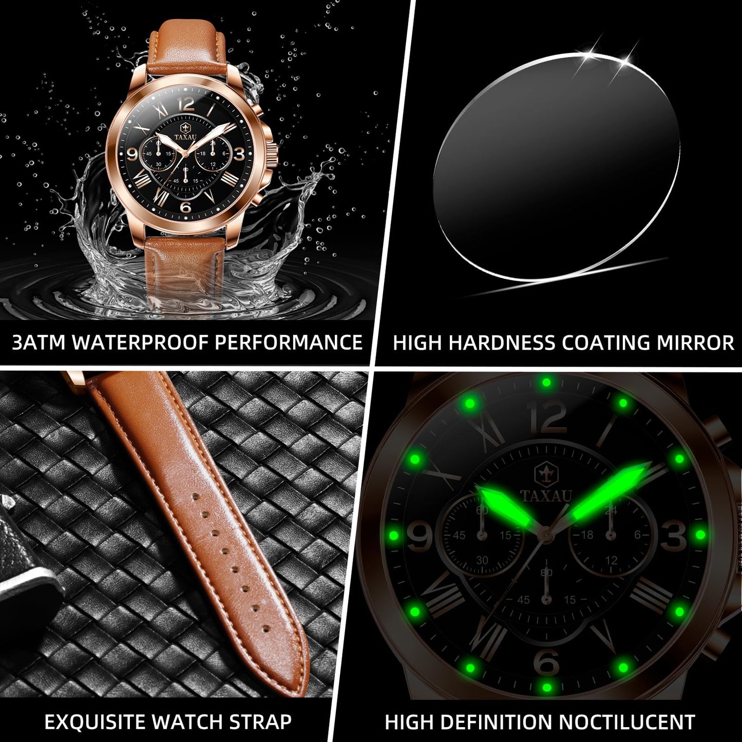 Taxau Mens Watches Waterproof Leather Watches for Men Classic Chronograph Men's Dress Watch Casual Business Analog Quartz Mens Wrist Watch Brown Band with Date Luminous
