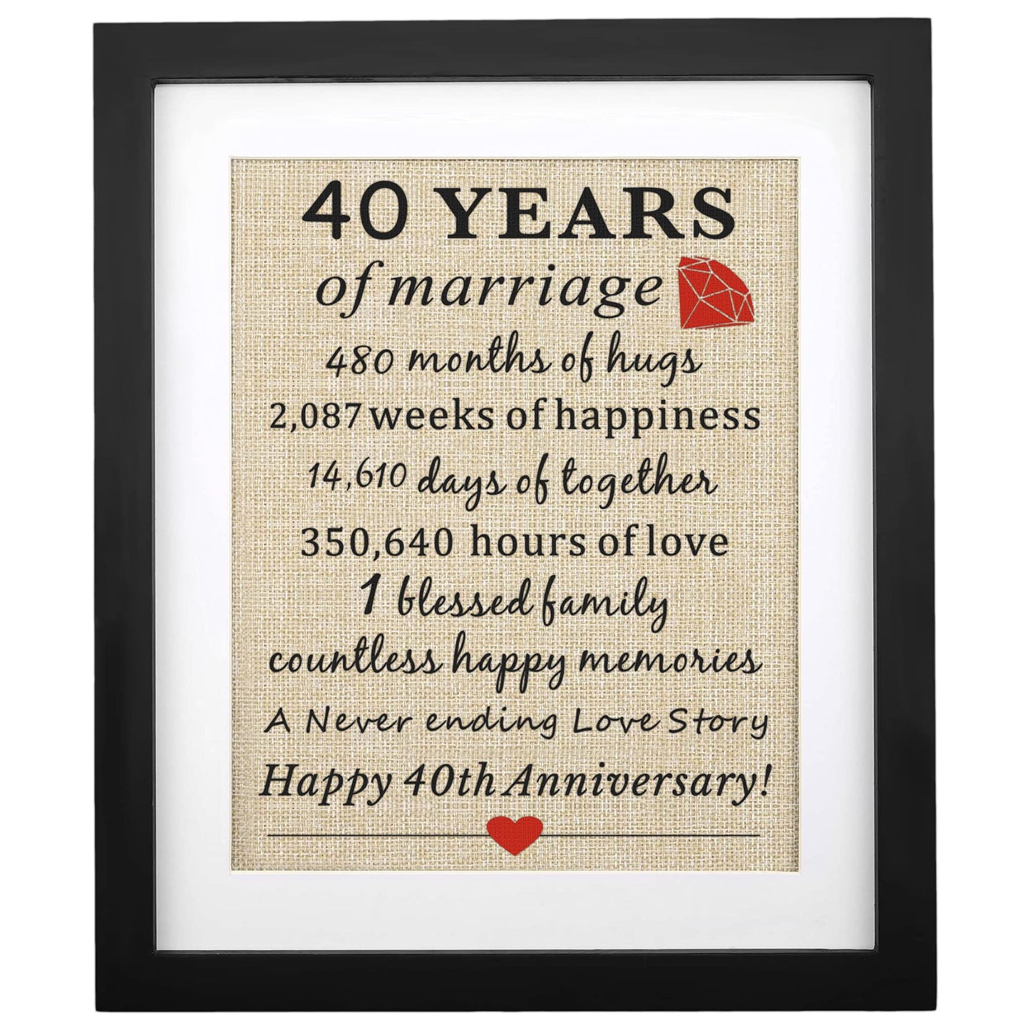 40th Anniversary Burlap Print, 11" X 13", Wedding Marriage Decoration, Anniversary Present for Couples, Gifts for Mom & Dad