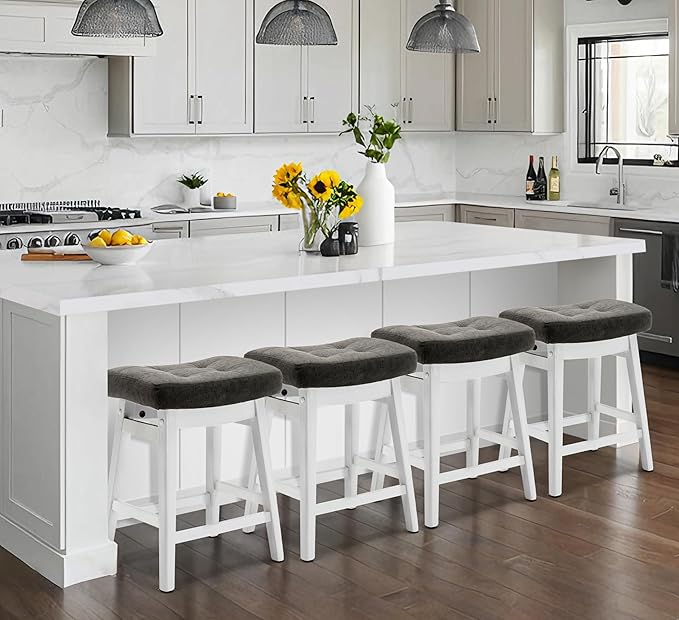 RNKSFX Counter Height Bar Stools Set of 6 for Kitchen Counter Farmhouse Modern Barstools with Faux Leather Upholstered Backless Seat and Solid Wood Legs 24 inch Bar Chairs, Grey + White