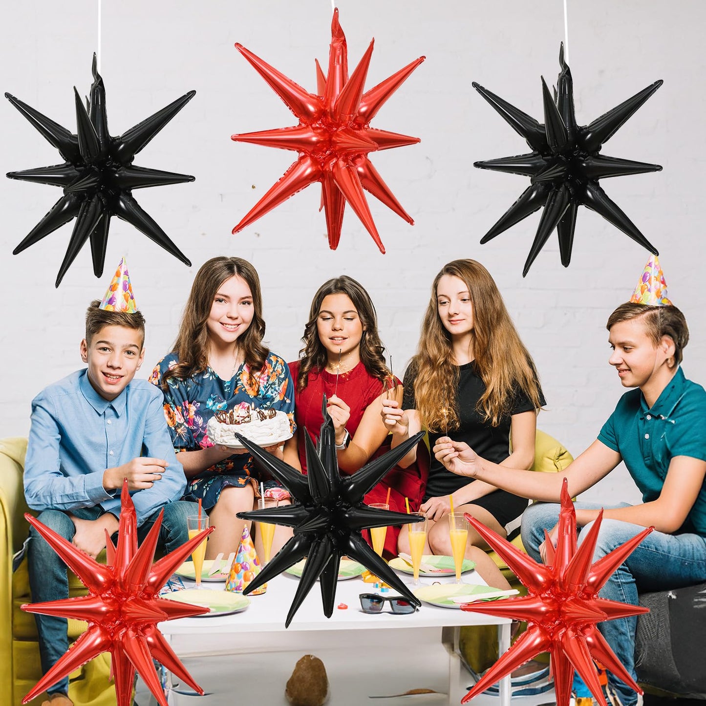 HILAVO 6PCS Black Red Star Balloons, 22Inch Large Star Balloon Foil Balloons Spike Cone Balloon for Birthday Anniversary New Year Halloween Vampire Casino Party Decorations