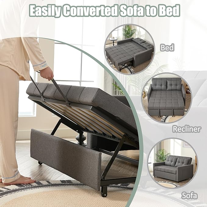GOSUHI 52" Sleeper Sofa with Pull-Out Bed, 3-in-1 Convertible Sofa Bed, Loveseat with Stepless Adjustable Backrest and Side Pocket, for Living Room Dorm Apartment, Linen, Dark Gray