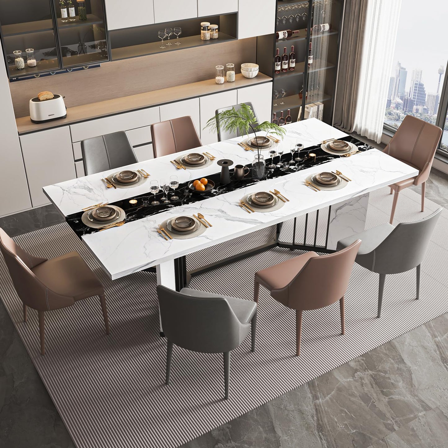 DalyLuxa 71inch Dining Table for 6-8 People, Large Rectangular Wood Kitchen Table with Marble Watrproof Tabletop and Adjustable Leg for Kitchen, Dining Room