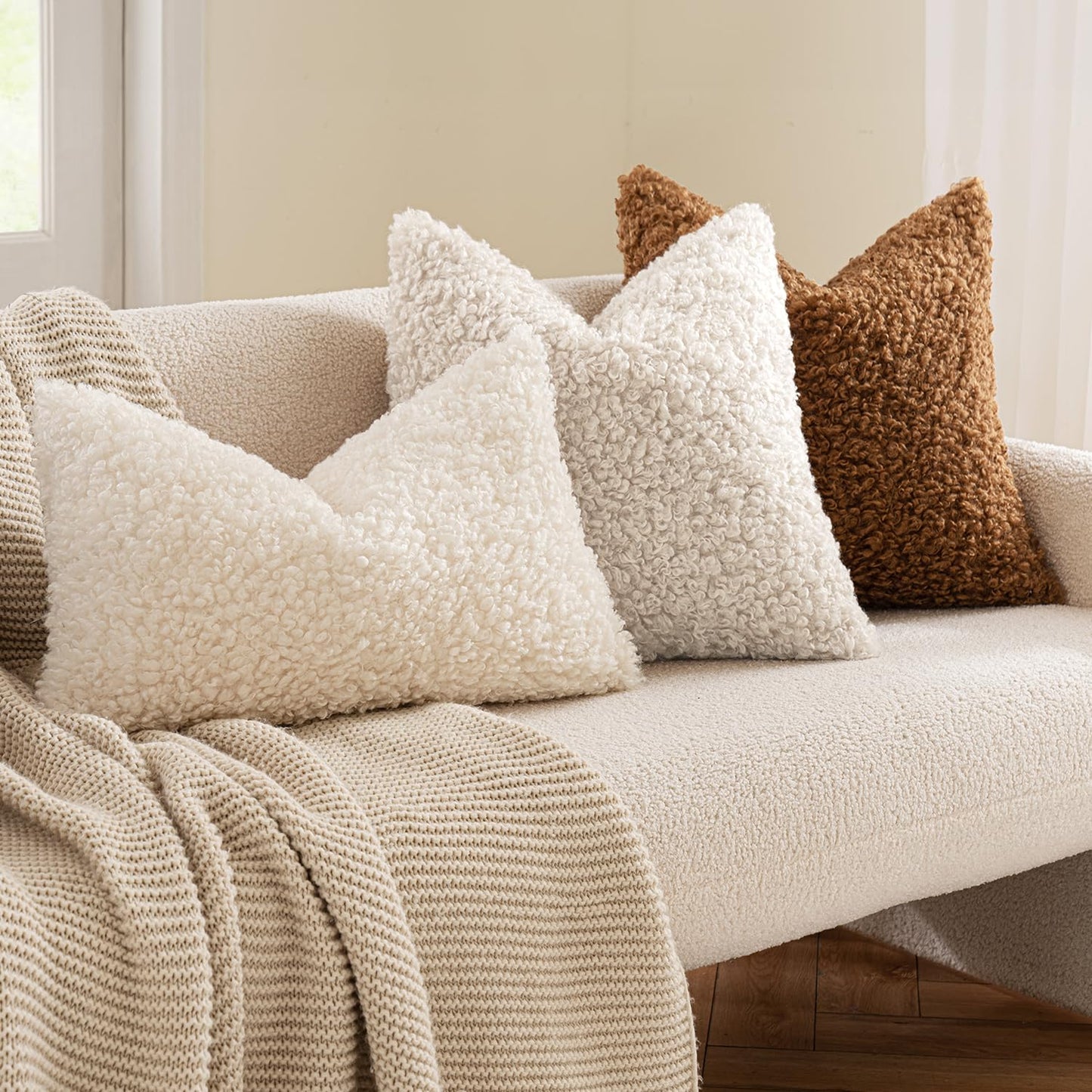 MIULEE Pack of 2 Faux Fur Throw Pillow Covers 18x18 Inch Neutral Light Beige Boucle Decorative Sherpa Pillow Covers Fuzzy Accent Soft Sheepskin Fleece for Boho Home Decor Couch Living Room Bed