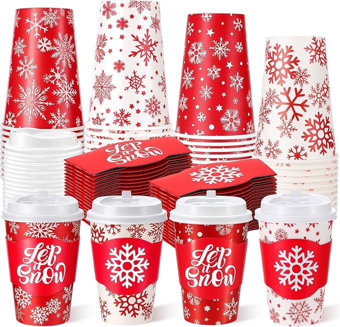 Potchen 24 Sets 12oz Winter Snowflake Coffee Cups with Lids and Sleeves Red Christmas Snowflake Paper Drinking Cups For Xm...