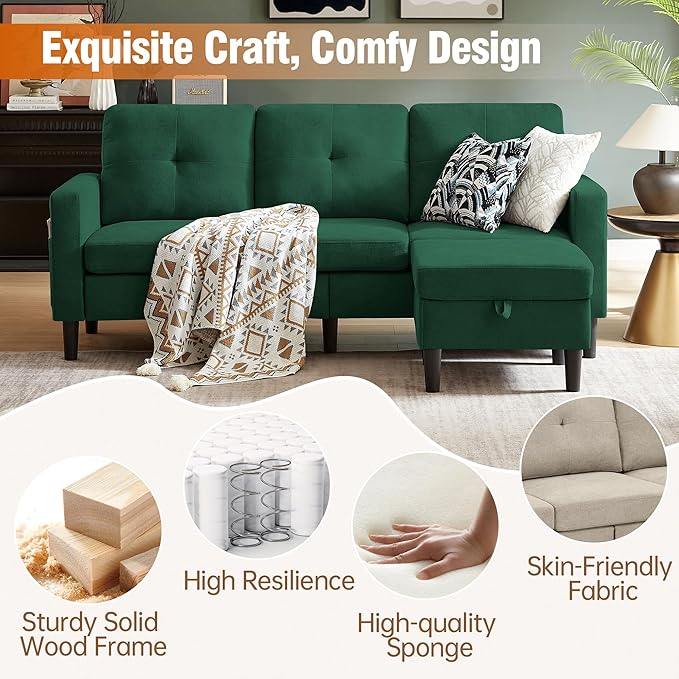 Pingliang Home 80" Convertible Sectional Sofa Couch with Movable Ottoman, 3 Seats Sectional Sofas L Shaped Couch for Small Spaces, Soft Fabric Couch for Living Room (Green)