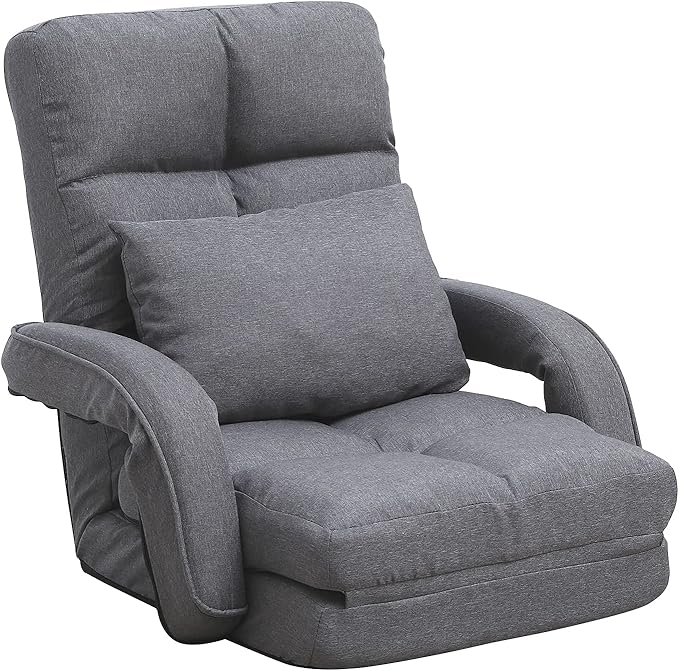 DeeLyan Indoor Floor Chair with Armrest and Pillow Folding Chaise Lounge Sofa 14-Position Adjustable Comfy Gaming Recliner Chair Padded Seats for Adults (Grey)