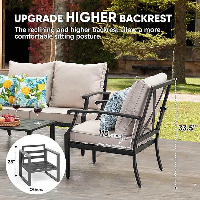 JOYURE 4 Pieces Patio Furniture Set w/loveseat,Coffe Table,Outdoor Conversation Metal Sofa with High Back and Thick Cushion,for Backyard,Garden,Beige