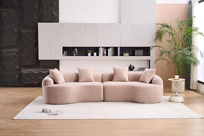 110" Oversized Modern Curved Cloud Sectional Sofa, Luxury Plush Chenille 4-Seater Deep Wide Seat Couch with 4 Pillows, No Assembly Needed Apartment Living Room Furniture, Apricot Cream