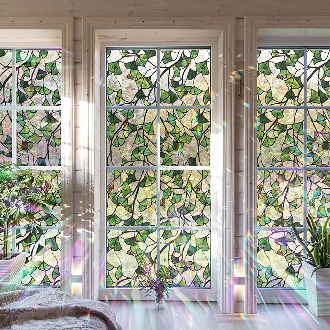 Rainbow Window Privacy Film Stained Glass Handmade Design for Bathroom, Ginkgo Leaves, 118.11'' x 20.87''