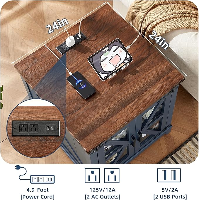 Joaxswe Farmhouse End Table with Charging Station Set 2, 24" Large Sofa Side Table with Glass Barn Door, Blue Nightstand with Adjustable Storage Shelf,Wood Square Bedside Table for Living Room,Bedroom