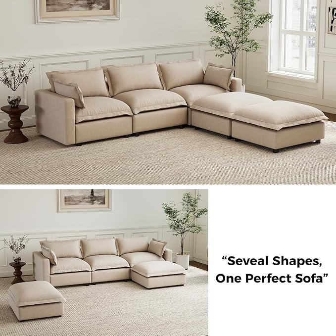chairus 97" Modular Sectional Sofa with 2 Movable Ottoman Upholstered Deep Seat Linen Couch Set with Soft Pillows U Shaped Sofa Couch for Living Room, Apartment, Reception Room, 3-Seater/Oatmeal