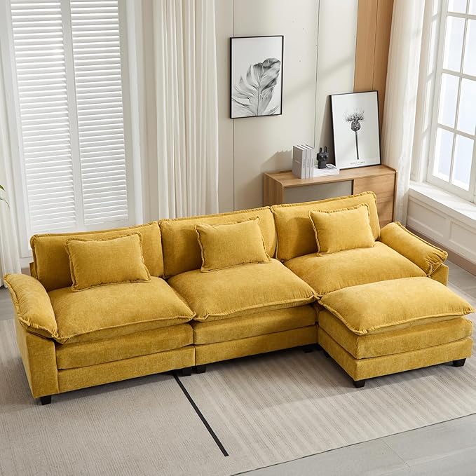 Oprisen 120" Modular Sectional Sofa, Comfy Cloud Couch Sectional Sofa with Ottoman, Chenille Sofa Sleeper Deep Seat Sofa with Throw Pillows for Living Room (Yellow, 120"- L Shape)