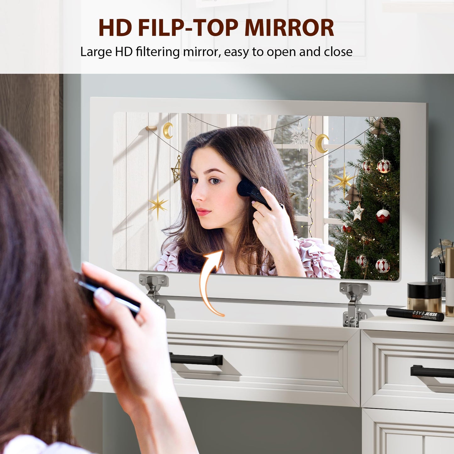 FOMNEY Farmhouse Vanity Desk with Flip Top Mirror, 43.3" W Makeup Vanity with Drawers, Storage Cabinet, Dressing Make Up Vanity Table for Bedroom, Wood Home Office Desk, Pure White