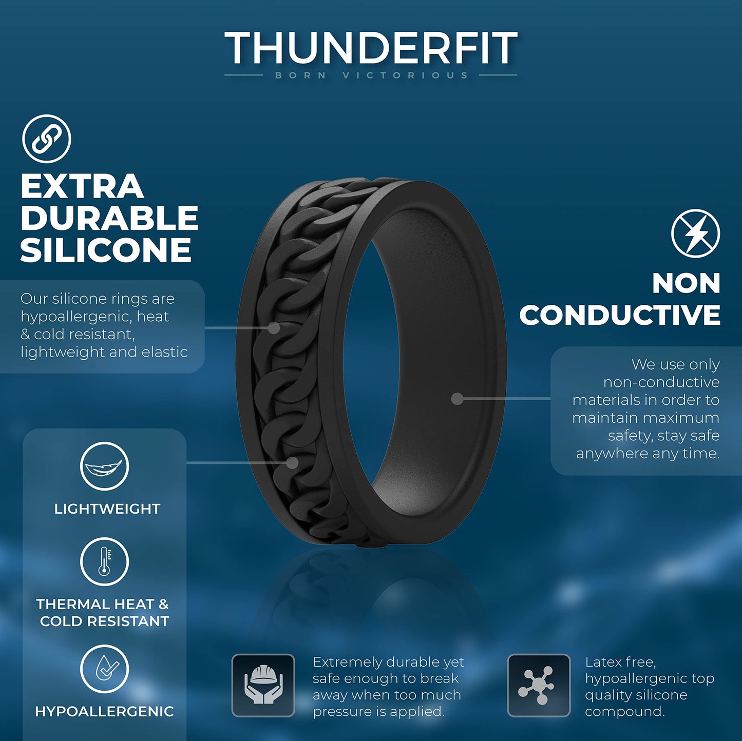 ThunderFit Silicone Wedding Rings for Men, Chain Design Rubber Engagement Bands 7mm Wide 2mm Thick - 1/4/7 Variety Multipack (Pa