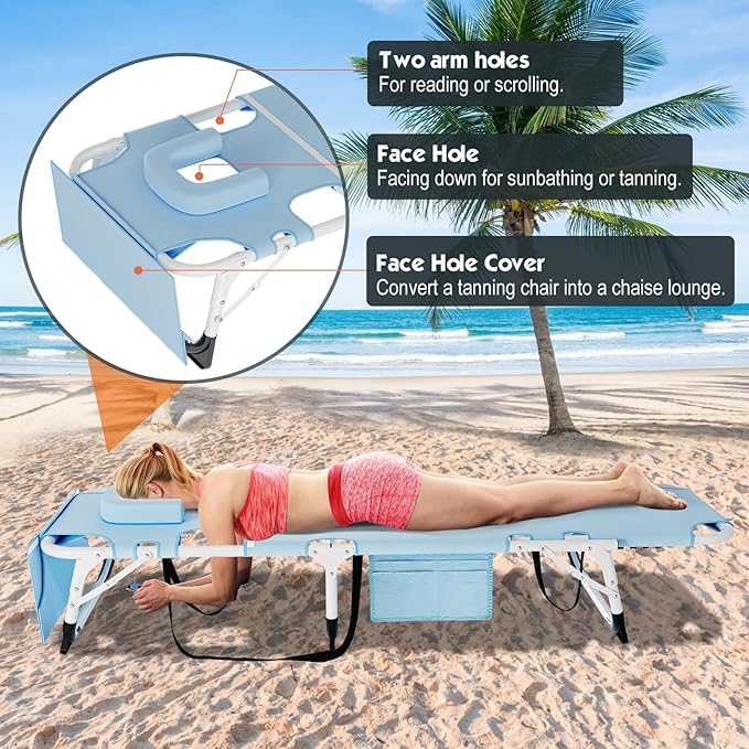 MOPHOTO Tanning Lounge Chair 5-Position, Outdoor Sunbathing Chairs Folding Chaise Lounge, Sun Tanning Lounger with Face Hole, Perfect for Pool Beach Patio Sunbathing