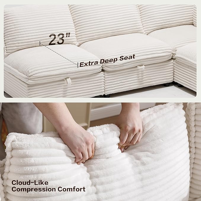 FIRLZY Oversized Modular 8 Seater Sofa with Removable Covers and Storage, Convertible U, L-Shaped and Sleeper Sectional, Modern Corduroy Couches with Ottoman Chaise for Living Room, White