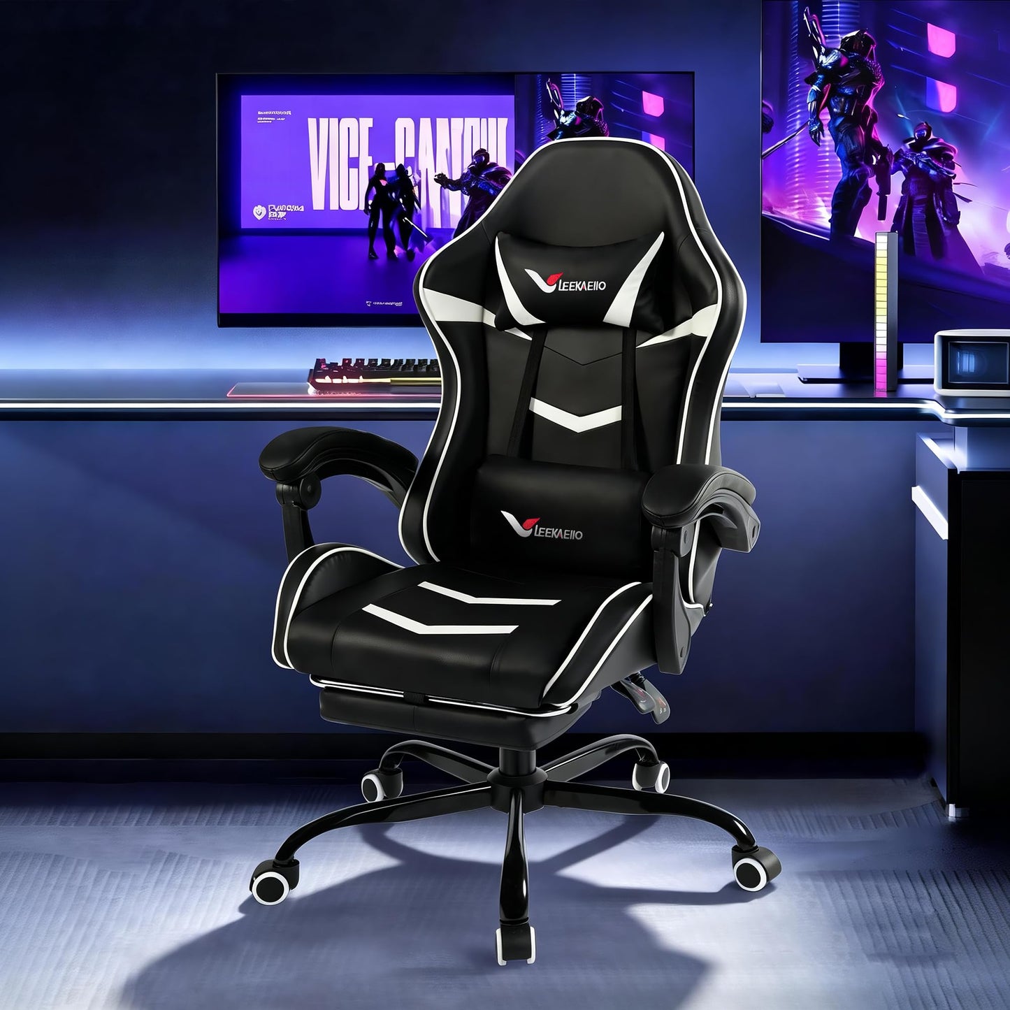 Gaming Chair for Adults, Ergonomic Gamer Chair with Footrest, Spring Pocket Cushion, Computer Office Desk Gaming Chair with Enlarged Metal Base, Linkage Armrests, Lumbar & Headrest (Black & White)