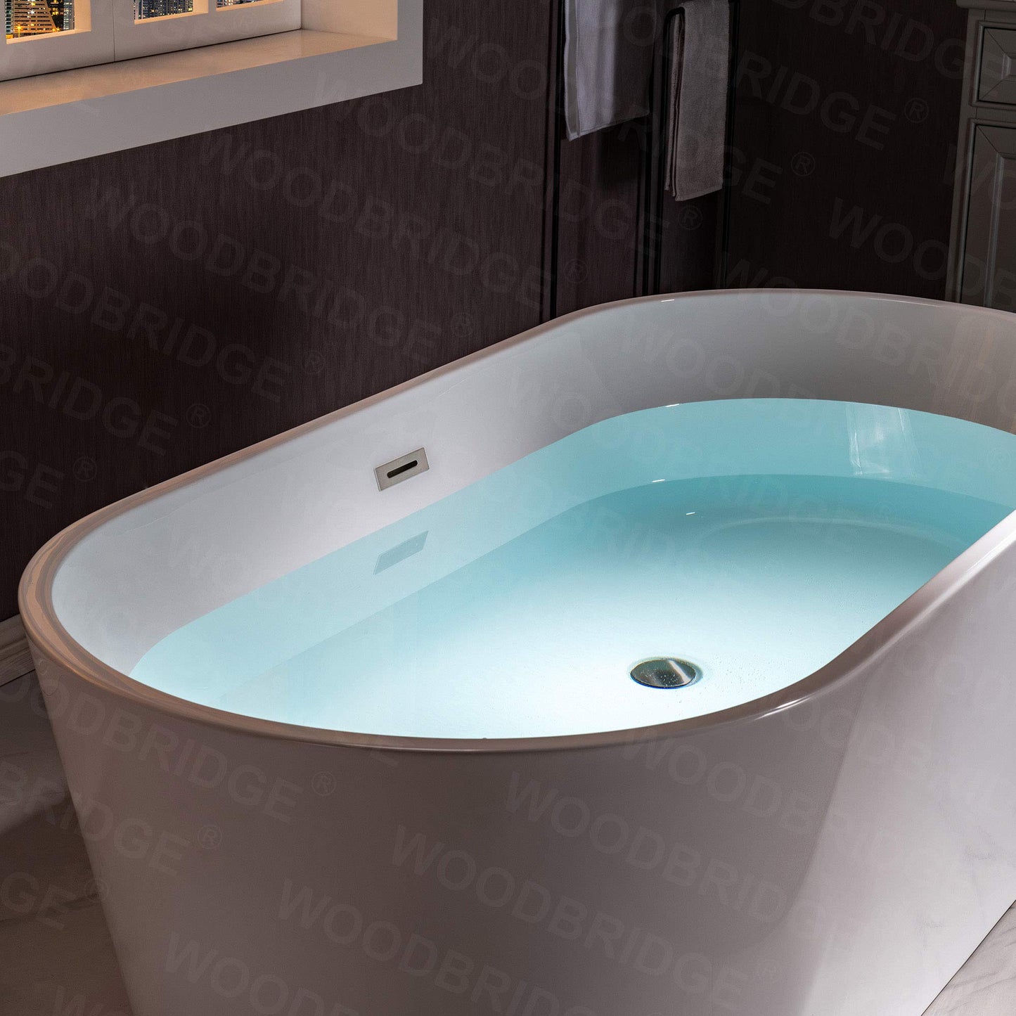 WOODBRIDGE 54" Acrylic Freestanding Bathtub Contemporary Soaking White Tub with Brushed Nickel Overflow and Drain，BTA1702-B/N