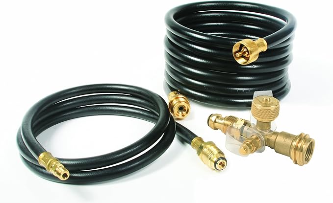 Camco Propane Brass 4 Port Tee- Comes with 5ft and 12ft Hoses, Allows for Connection Between Auxiliary Propane Cylinder an...