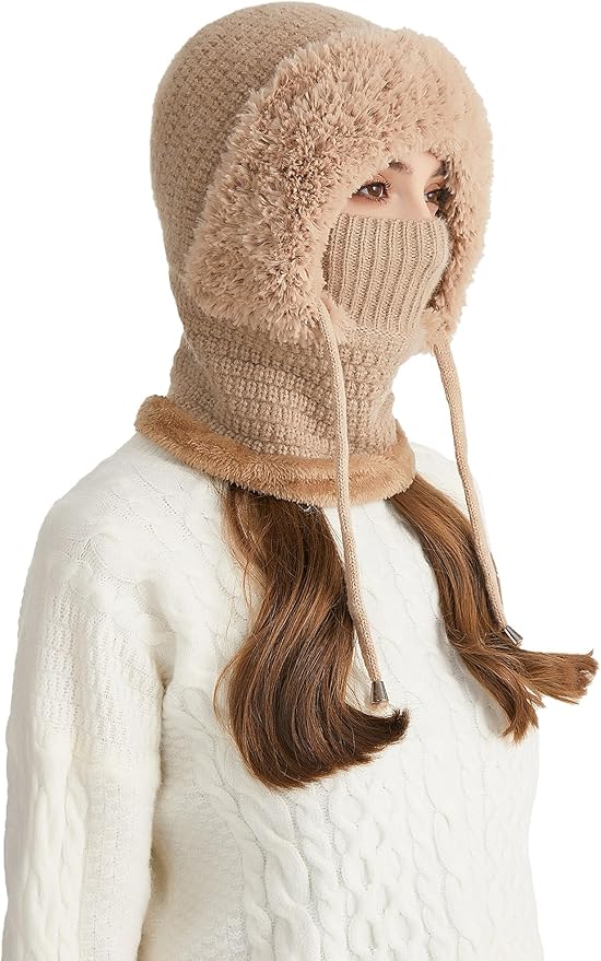 SEAUR Women One-Piece Slouchy Winter Beanie Hats Fleece Lined Scarf Mask Warm Cap Balaclavas Knitted Hat with Drawstring