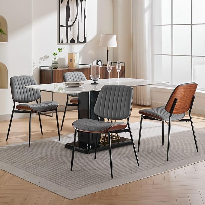YaFiti Dining Chairs Set of 2, Mid Century Modern Accent Dining Room and Kitchen Chairs, Upholstered PU Leather Vertical Stripe Chairs for Vanity with Walnut Bentwood and Metal Legs, Gray