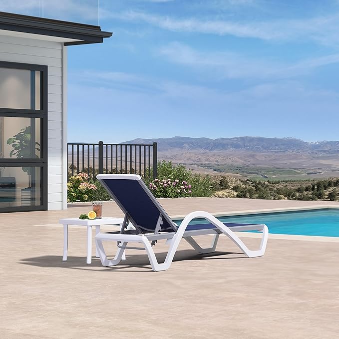 PURPLE LEAF Patio Chaise Lounge Chair Set Outdoor Plastic Textilene Lounger with Side Table 6 Adjustable Positions Sun Bathing Tanning Recliner for Pool Outside Beach in-Pool Lawn Poolside, Navy Blue