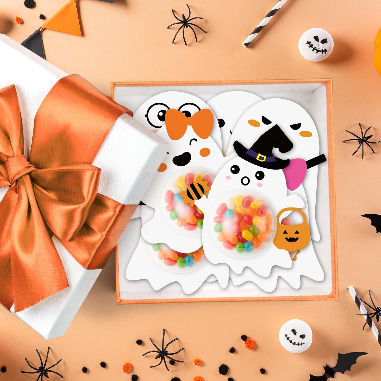 TICIAGA 48set Halloween Ghost Candy Holder Craft Kits for Kids DIY Halloween Ghost Candy Card Gifts Trick or Treat Gifts Happy Halloween Gifts with Round Adhesive Shaker Pouches for School Classroom