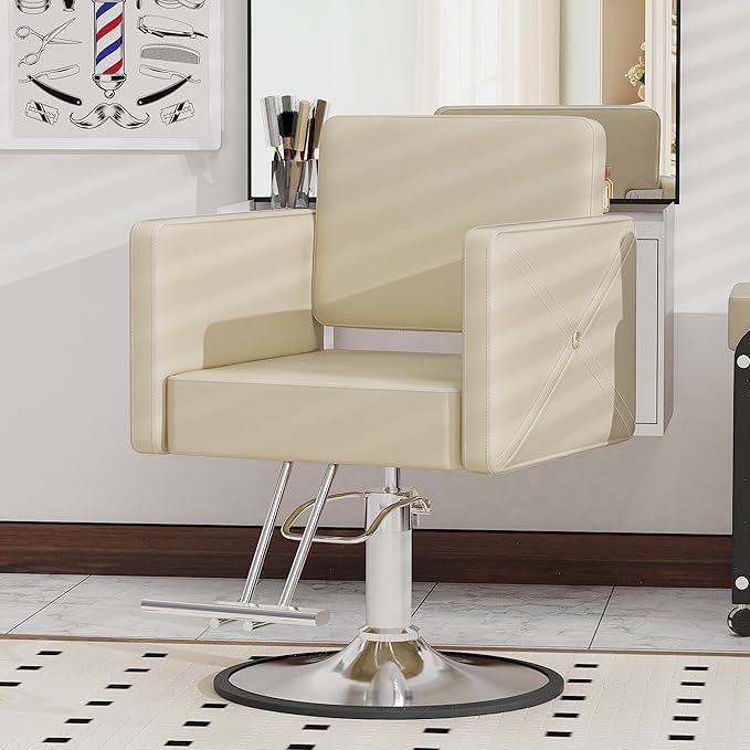 Barber Chairs for Hair Stylist, Height Adjustable Hydraulic Hair Reclining Salon Chair, 360 Degrees Rotation, Multi-Function Shampoo Chair for Salon Home Barbershop, Black (Beige-Sliver)