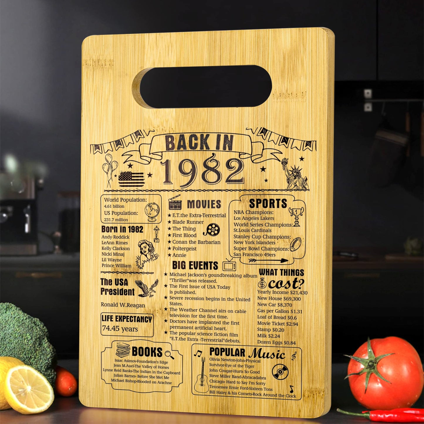 43th Birthday Gifts For Women or Men, Back In 1982 Cutting Board 43th Birthday Decorations，43Year Old Anniversary Birthday Gifts