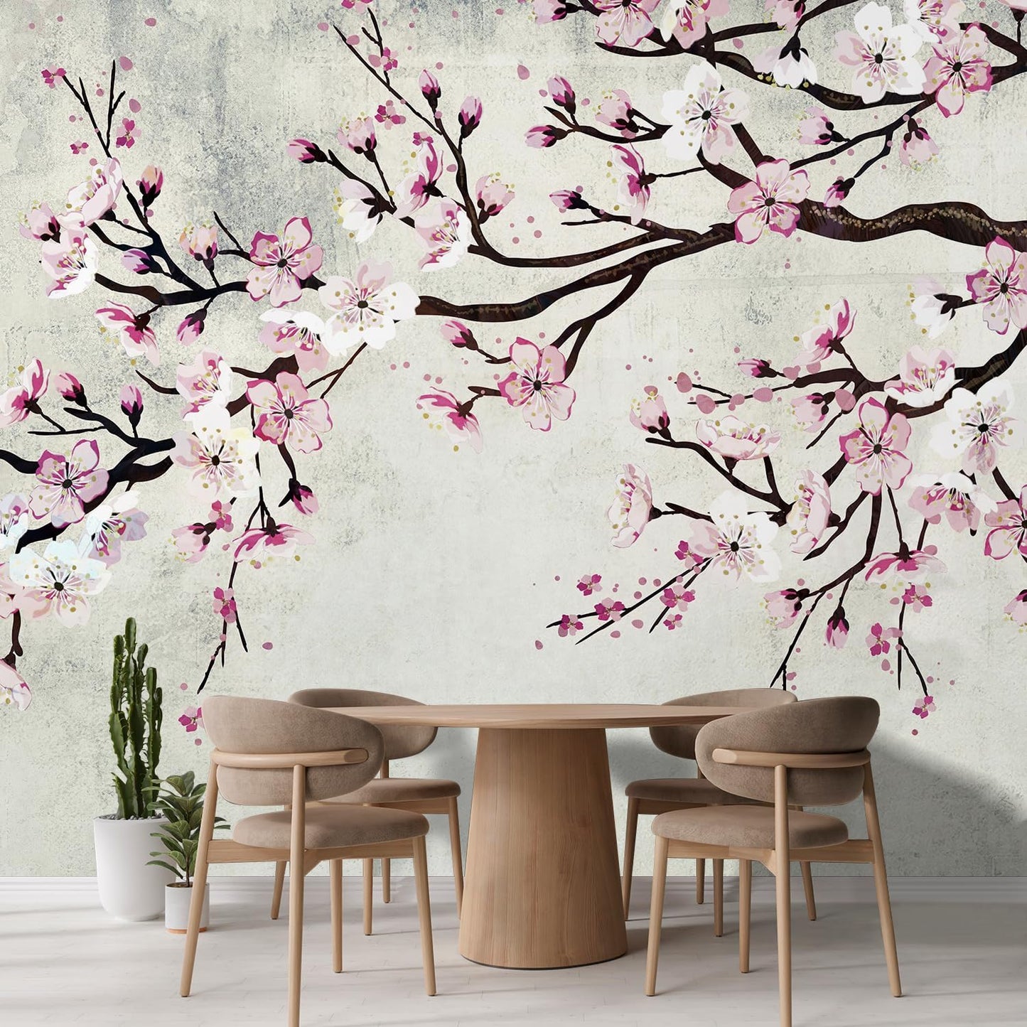 wall26 Wall Sticker/Wall Mural Watercolor Style Ink Painting Pink Cherry Blossom on Vintage, Not Peel and Stick, Non-Woven Wallpaper Decorative for Bedroom, Living Room, Office - 108x120 inches