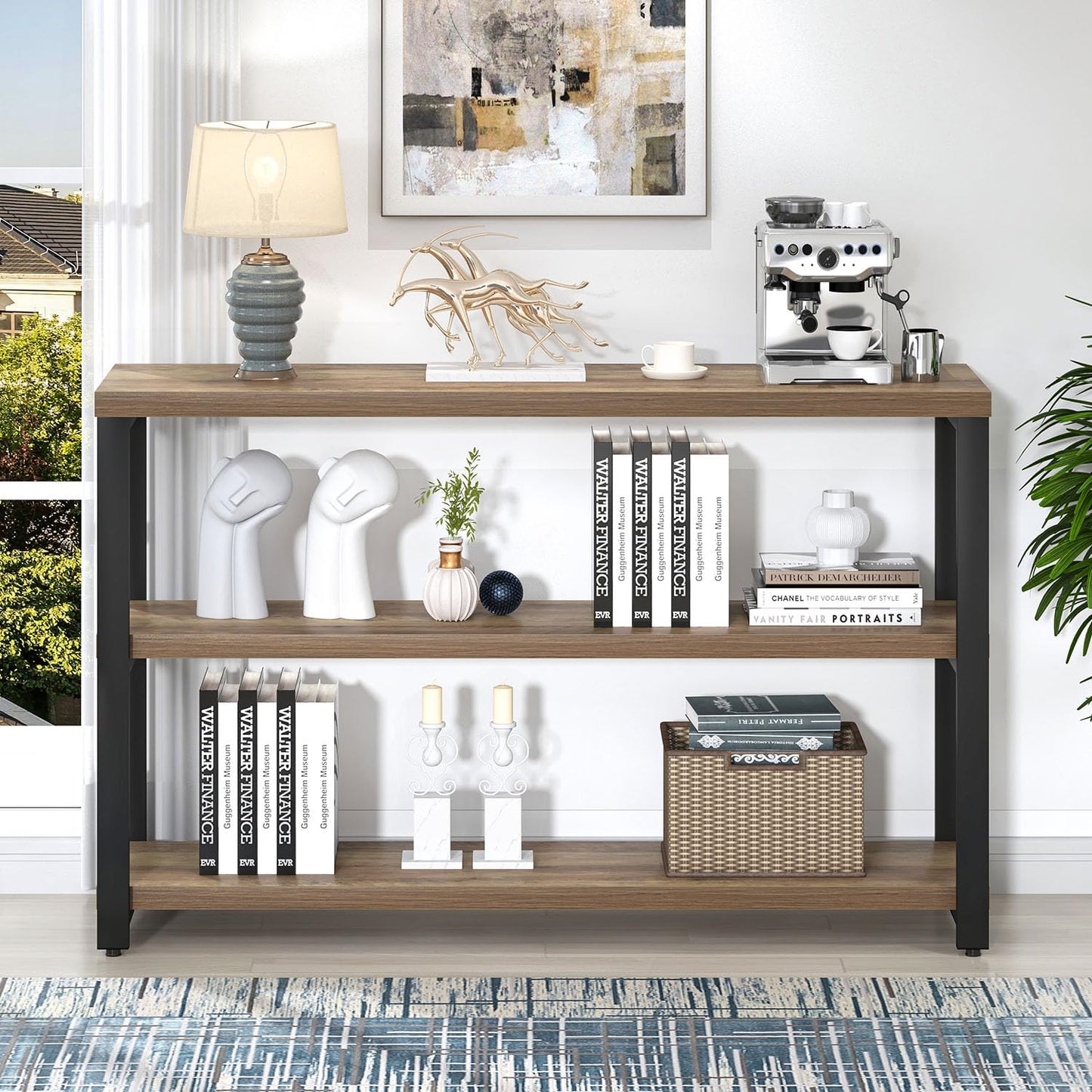 EXCEFUR 47 Inch Rustic Oak Wood Entryway Table, Modern Sofa Table Behind Couch for Living Room, Console Table with 3 Tier Shelves, Foyer Hallway Table with Storage