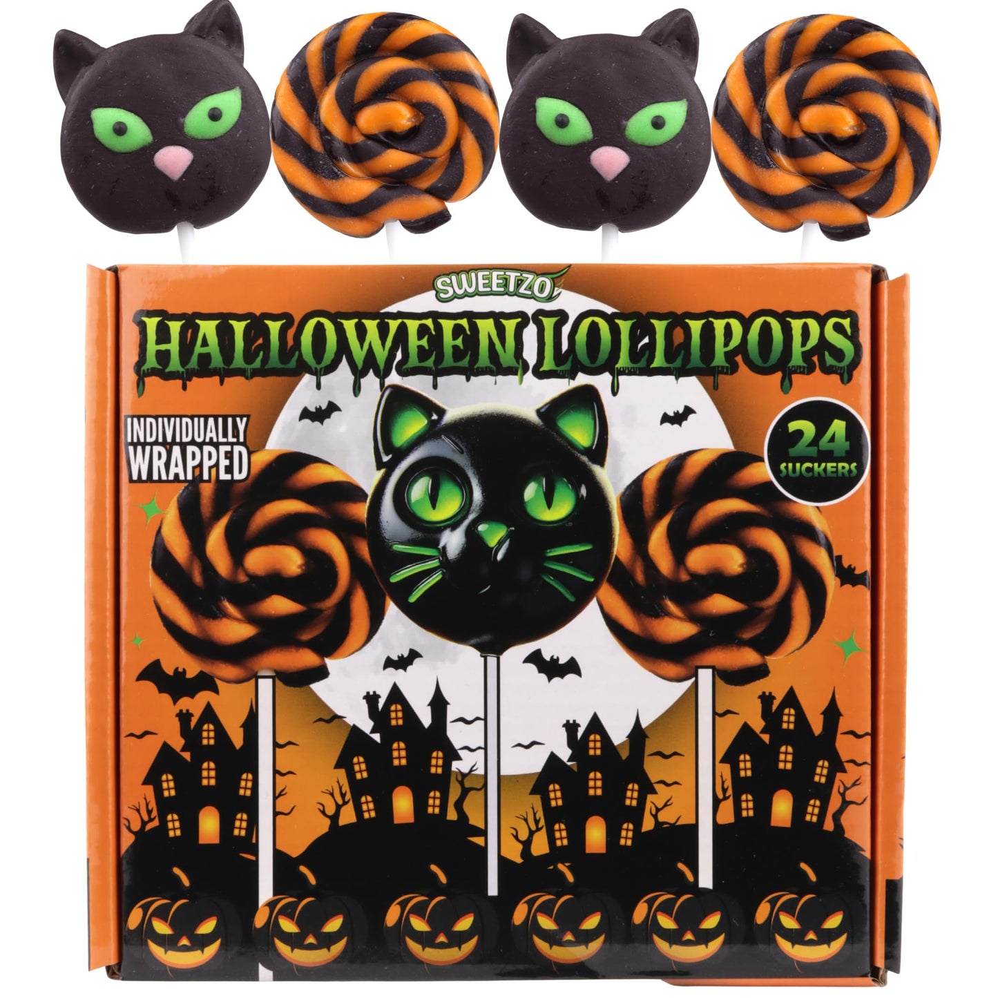 Individually Wrapped Halloween Lollipops, Candy Swirl and Cat Suckers, Trick or Treat Handout Candies, 24 Count