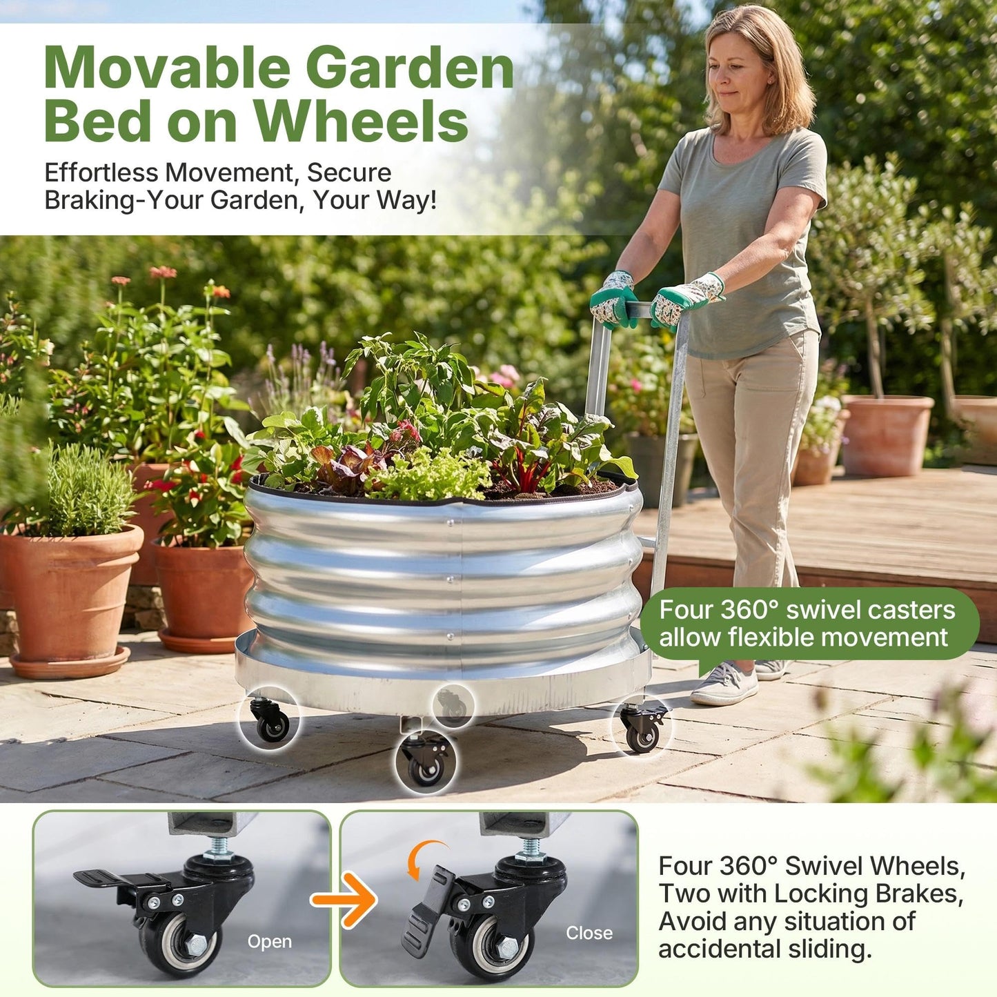 Chonway Large Rolling Garden Planter Box with Geotextile Grow Bag & Plastic Tray Pad, Galvanized Metal Raised Garden Bed Outdoor with Wheels for Flowers Tomatoes Vegetables Olive Trees, 2x2 ft
