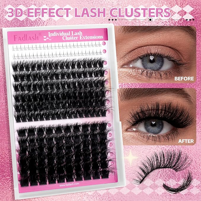 FADLASH Cluster Eyelash Extensions with Bottom Lash Clusters 100D 200D Individual Lashes 12-18mm Eyelash Clusters Fluffy DIY Lash Extensions 3D Effect (100D+200D-12-18mm)