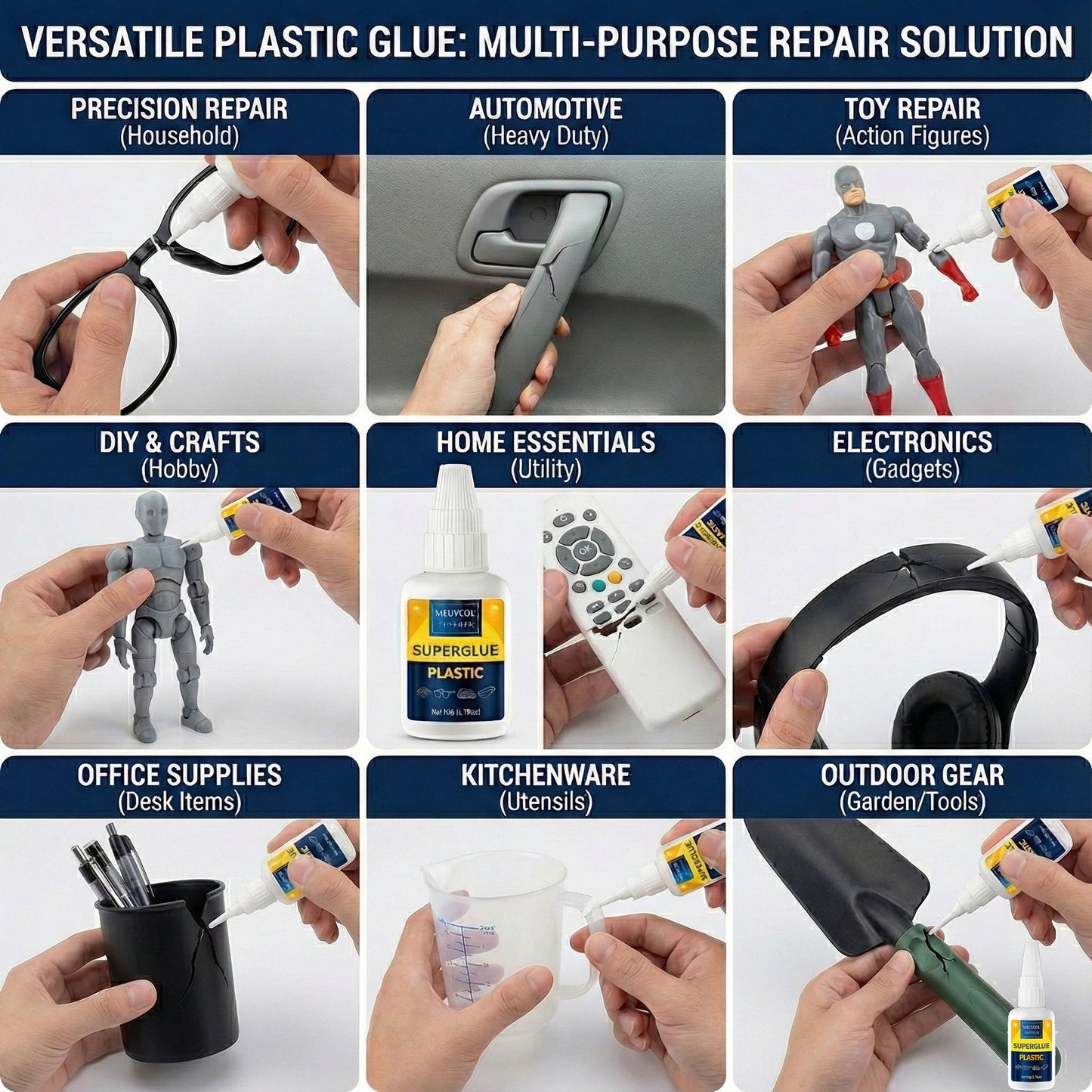 Meuvcol Super Glue for Plastic 100g, Heavy Duty Plastic Model Glue Kit for Legos and Miniature, Strongest Plastic Adhesive Bonder for PLA, 3D Print, Car, ABS, PVC, Acrylic, Craft, Best Plastic Glue