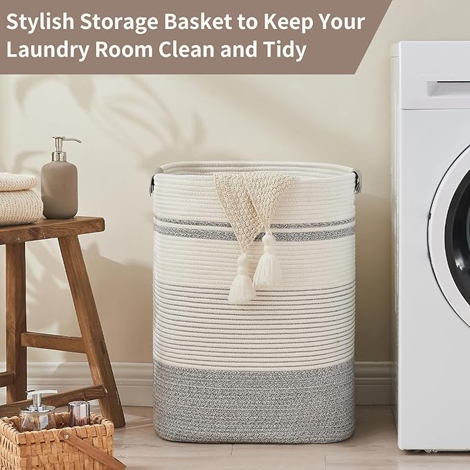 DOFASAYI Laundry Hamper - 85L Large Laundry Basket with Leather Handles, Decorative Storage Basket for Blankets - Clothes Hamper for Living Room, Bedroom, Grey & White