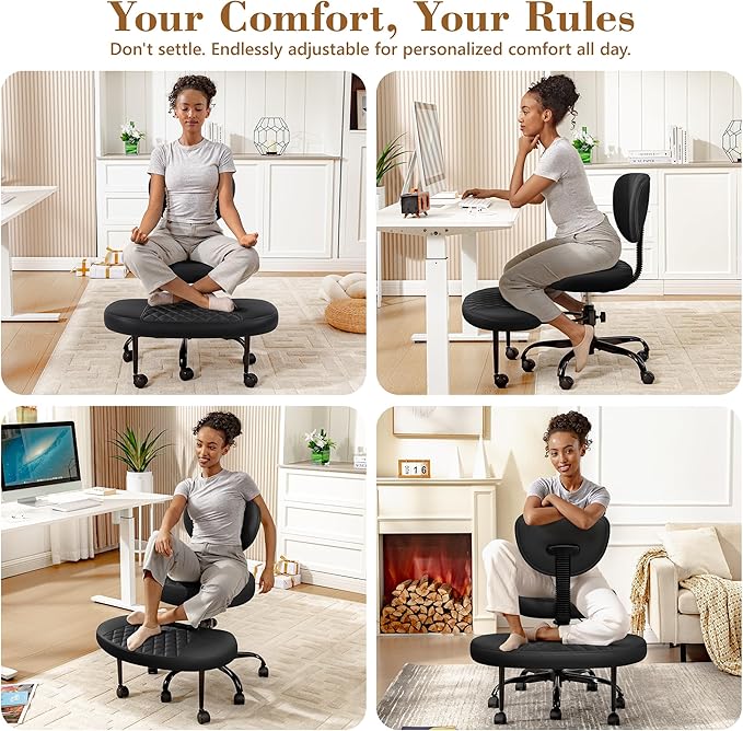 Ergonomic Cross Legged Office Chair with Wheels - Adjustable Height for Meditation, ADHD Desk & Yoga - Wide Criss Cross Design with Lumbar Support, Kneeling Chair - Inky Black