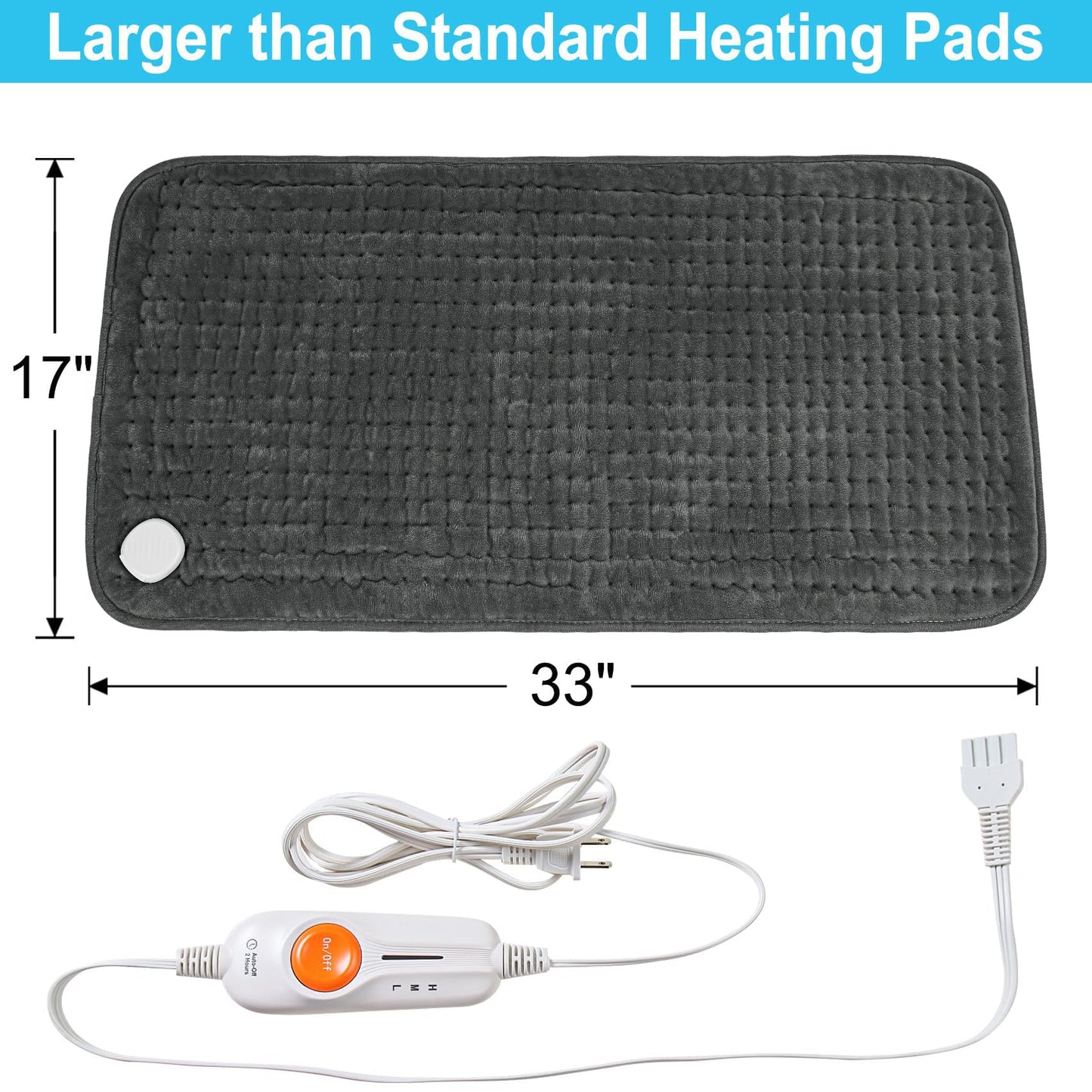 Boileau Electric Heating Pad for Back Pain and Period Cramps Relief, 17"x33" Extra Large XXXL, 3 Heating Levels Heat Pad with 2-Hour Auto Shut Off, Gifts for Women and Mom, Grey