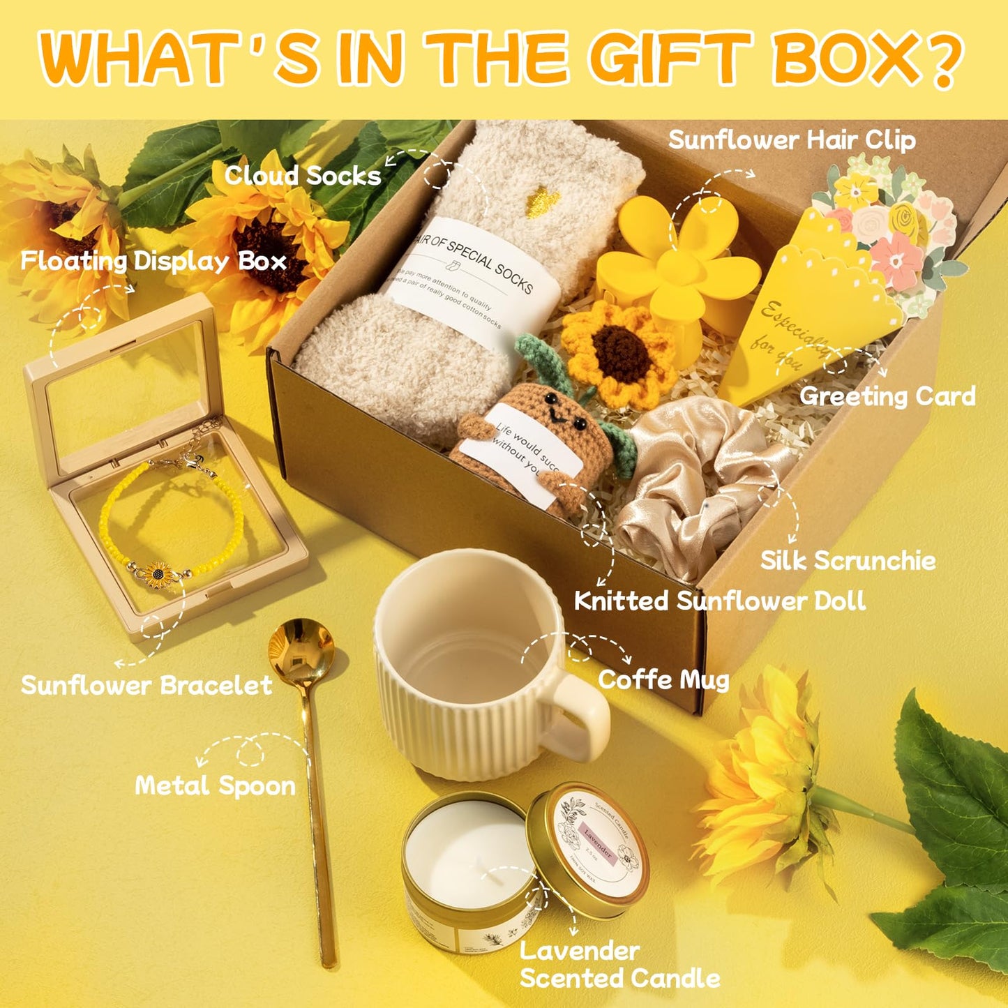 CabyGift Sunflower Gifts for Women, Unique Birthday Gifts for Women, 10pcs Get Well Soon Gift Baskets, Care Package Sending Sunshine Box for Mom, Wife, Sister, Best Friend,Teen Girls