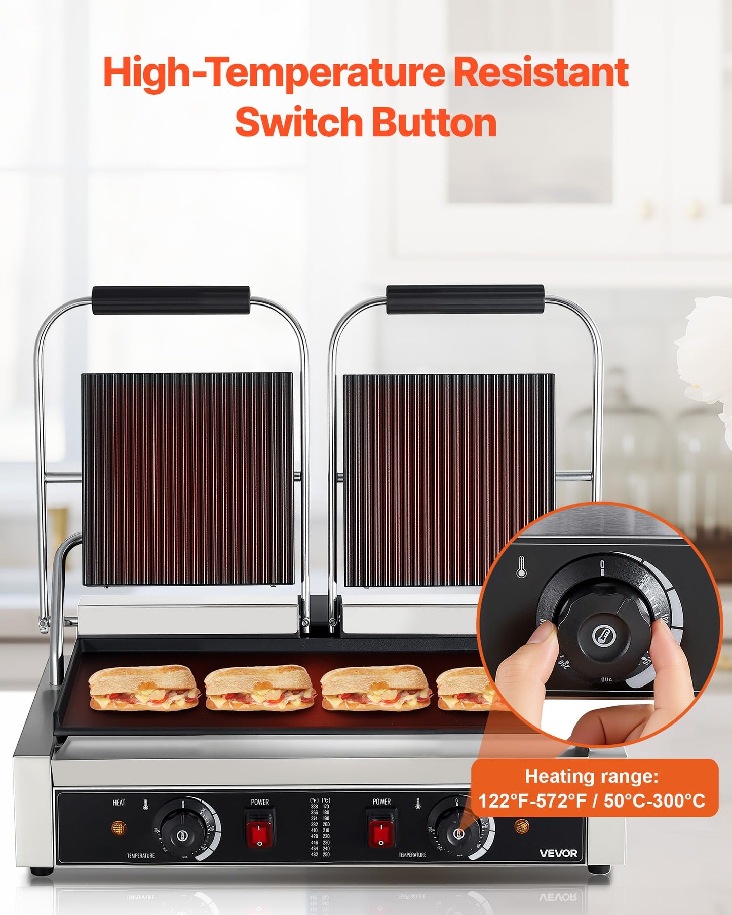 VEVOR Commercial Panini Grill, 3600W Electric Sandwich Panini Maker, Stainless Steel Double Sandwichs Press Grill with Handle and Temp Control, 19x9 in Flat Enamel Plate for Hamburger Steak Bacon