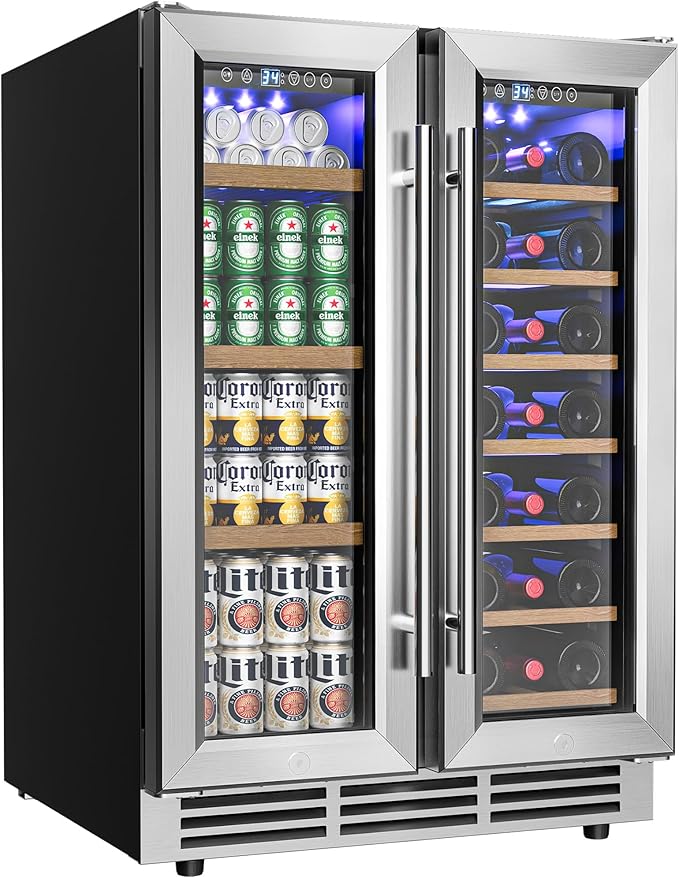 EUHOMY Wine and Beverage Refrigerator, 24 Inch Dual Zone Wine Cooler with Glass Door Hold 21 Bottles and 88 Cans, Built in...