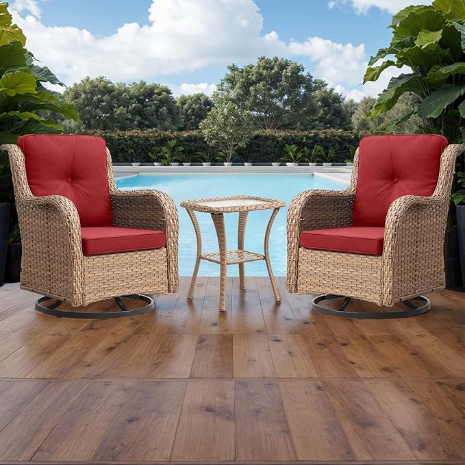 Rilyson Patio Chairs Wicker Outdoor Chair - 6 Piece Rattan Patio Swivel Rocking Chairs Set with Glass Top Side Table for Porch Deck Backyard(Yellow/Red)